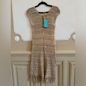 Melissa Odabash Barrie Crochet Cotton Cover Up Beige Fringe Hemline M